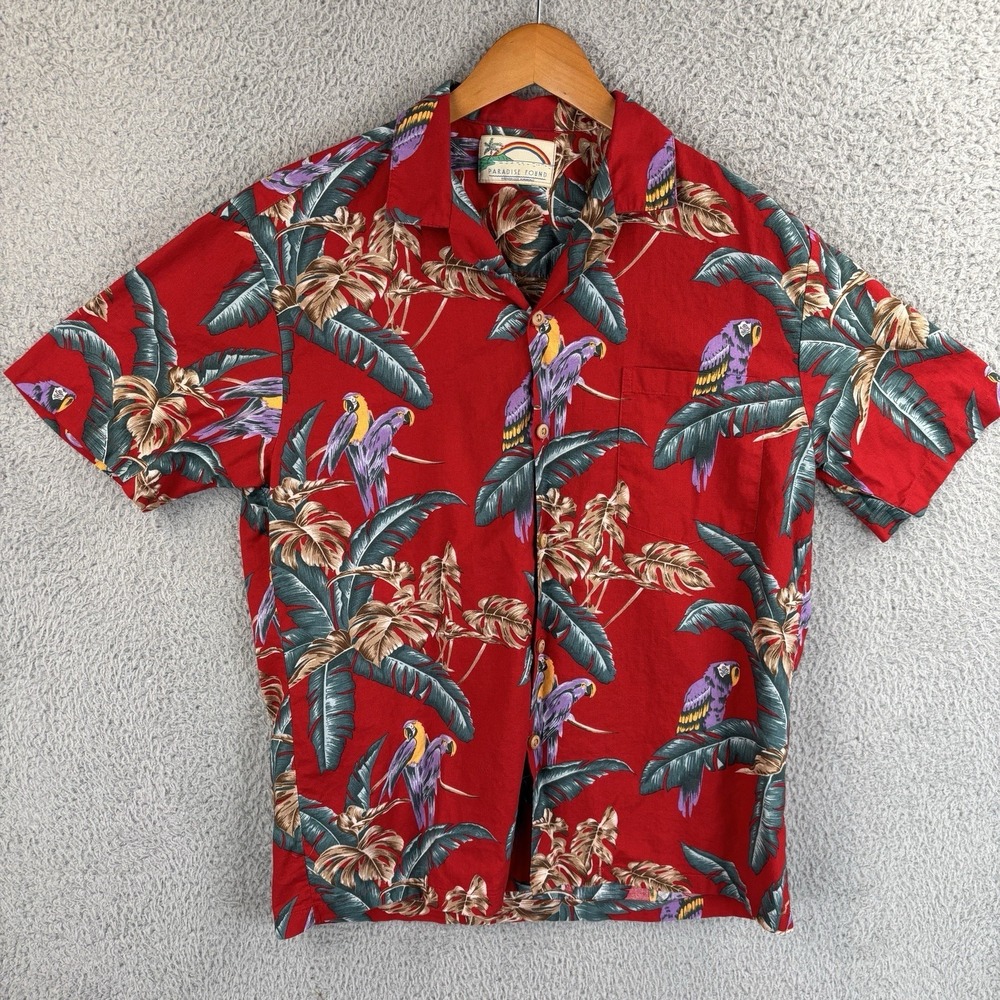 Vtg Paradise Found Hawaiian Shirt Men's M Red Tropical Parrot Magnum PI Cotton